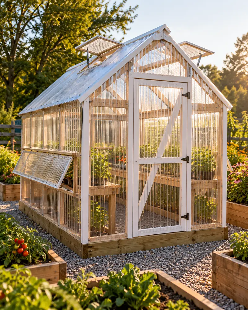 A small wooden gable greenhouse clad in corrugated polycarbonate panels