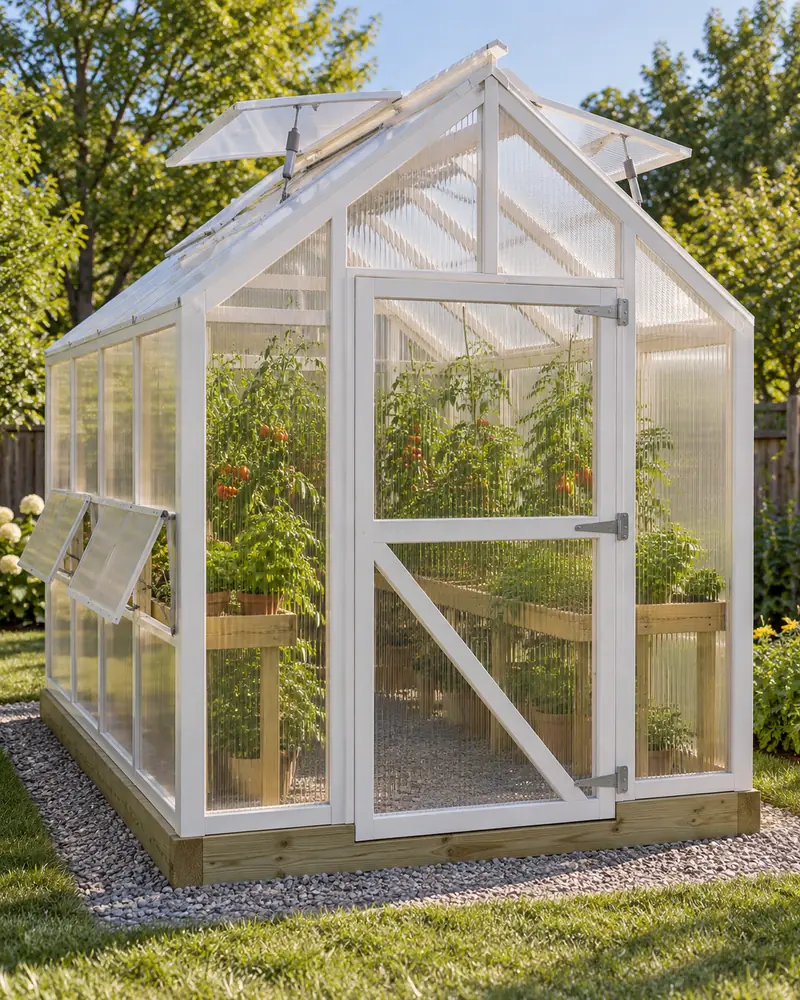 A freestanding wooden gable greenhouse with twin-wall polycarbonate in a backyard
