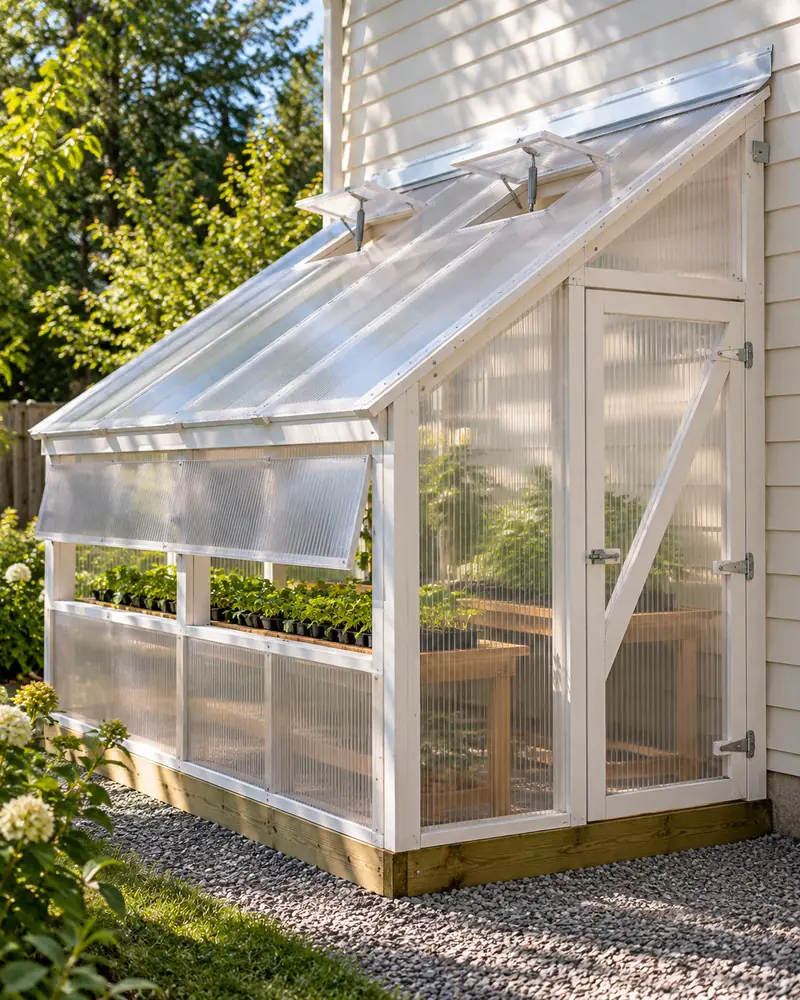 A wooden lean-to greenhouse built against the wall of a house