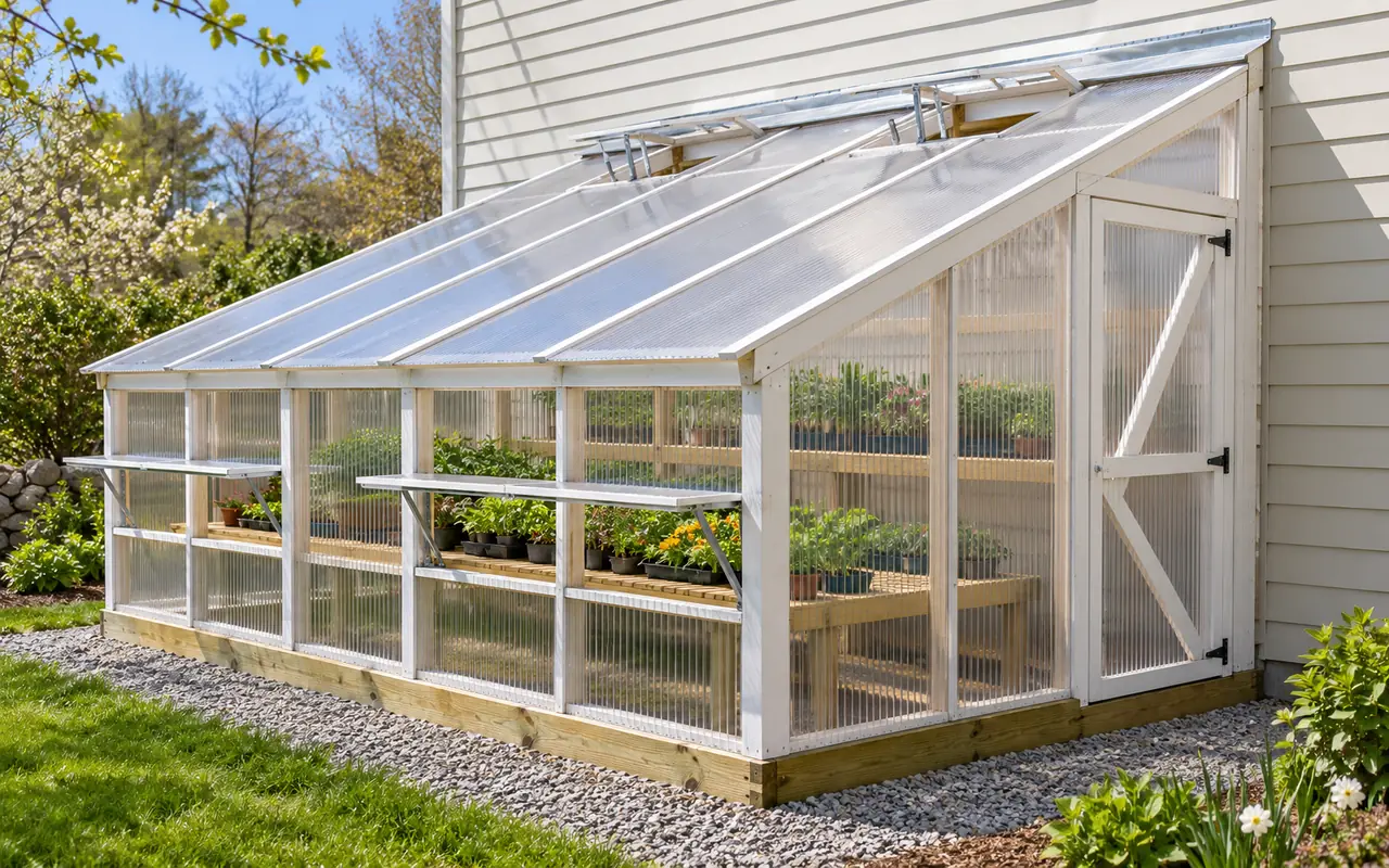 A wooden lean-to greenhouse against the south wall of a house, roof vents open by the house wall
