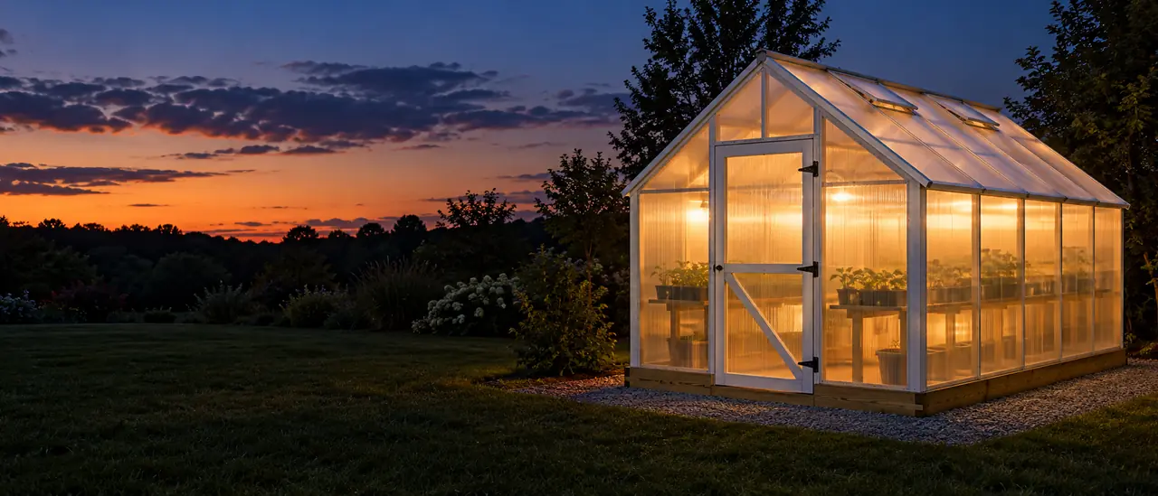 A wooden gable greenhouse at dusk in a backyard garden
