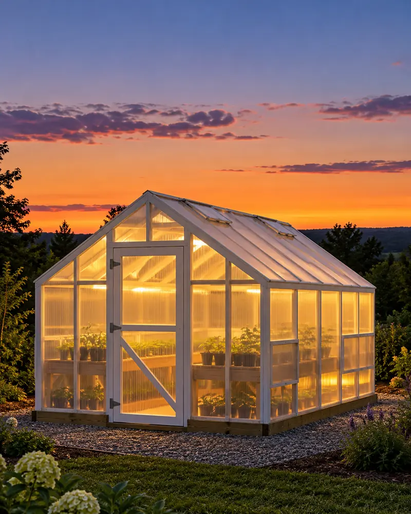 A wooden gable greenhouse at dusk, glowing from a light inside