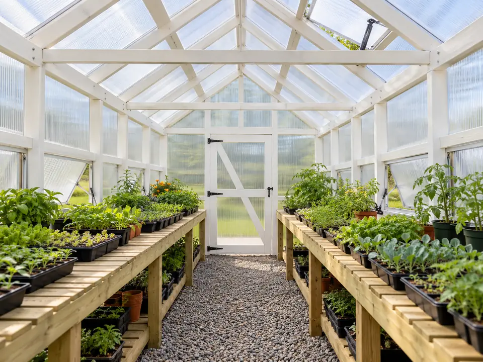 Inside a wooden greenhouse: slatted benches of seedlings on both sides of a gravel aisle