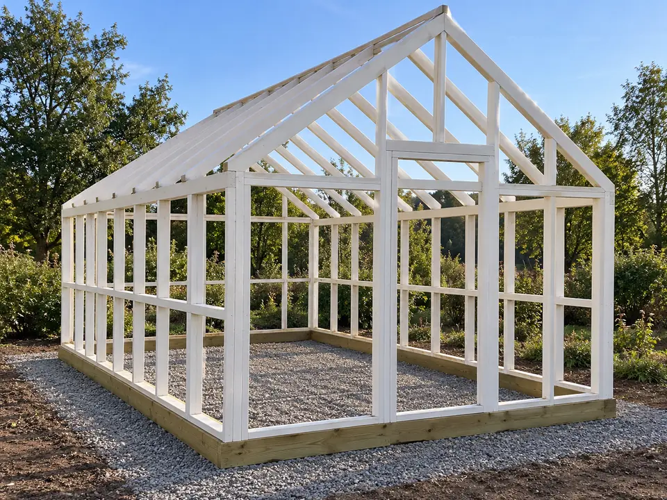 A white-painted greenhouse frame on a timber base over gravel, before glazing