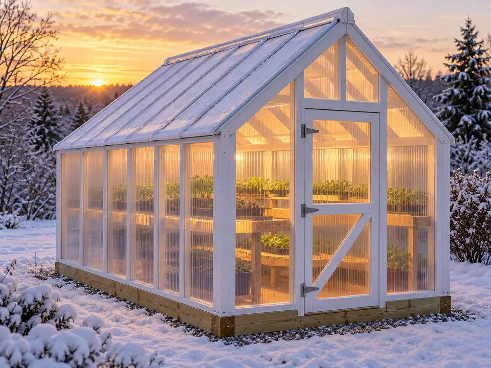 A wooden greenhouse glowing warm at sunset in the snow