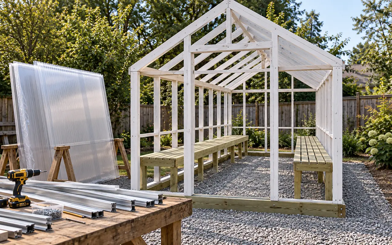 A white-painted greenhouse frame with benches inside, polycarbonate sheets and profiles stacked beside it