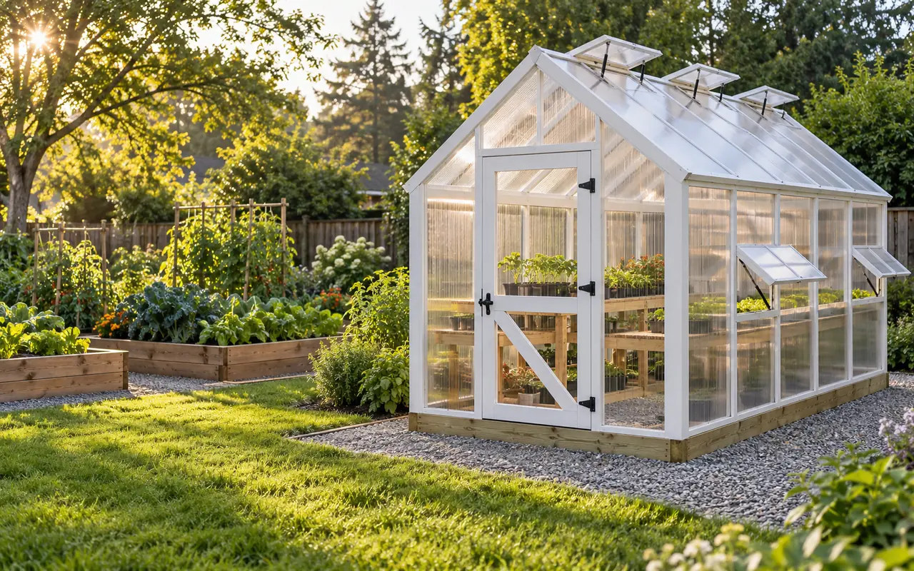 A wooden gable greenhouse with twin-wall polycarbonate in a backyard vegetable garden, roof vents propped open