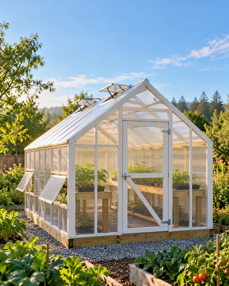 A wooden gable greenhouse with twin-wall polycarbonate in a backyard garden, roof vents propped open
